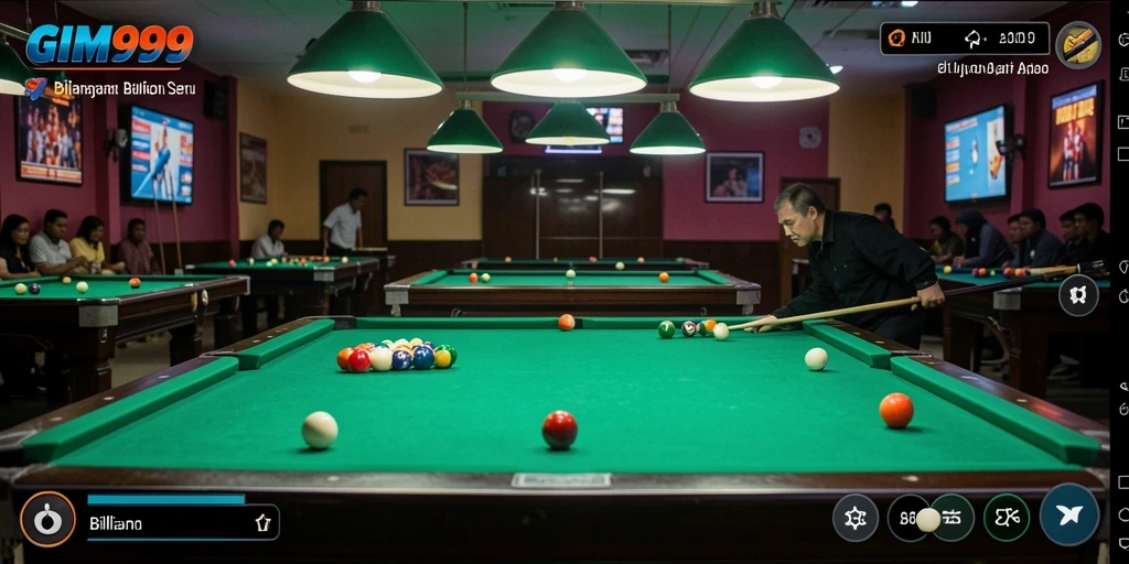 Antarmuka GIM999 menampilkan meja billiard yang menarik dan interaktif.