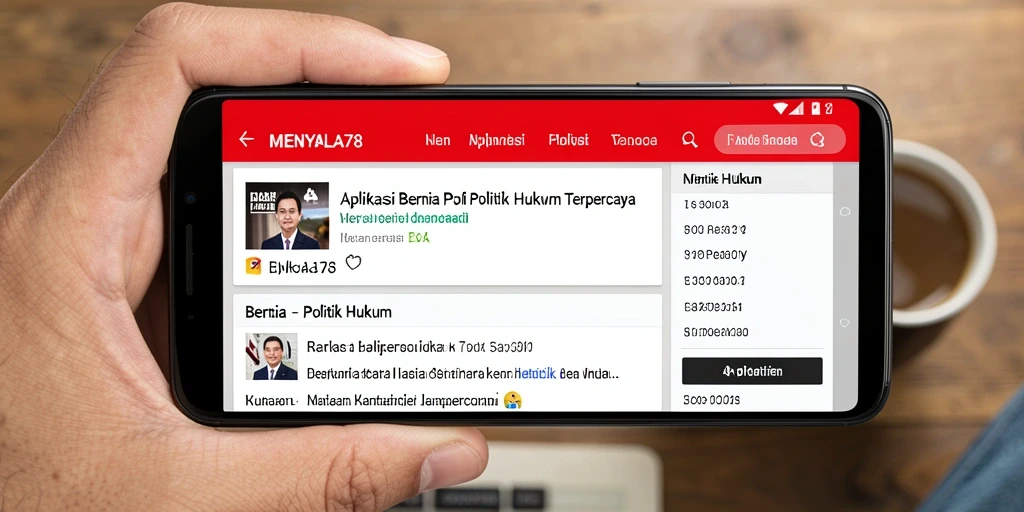 Antarmuka utama aplikasi MENYALA78 menampilkan berita politik dan hukum terkini.