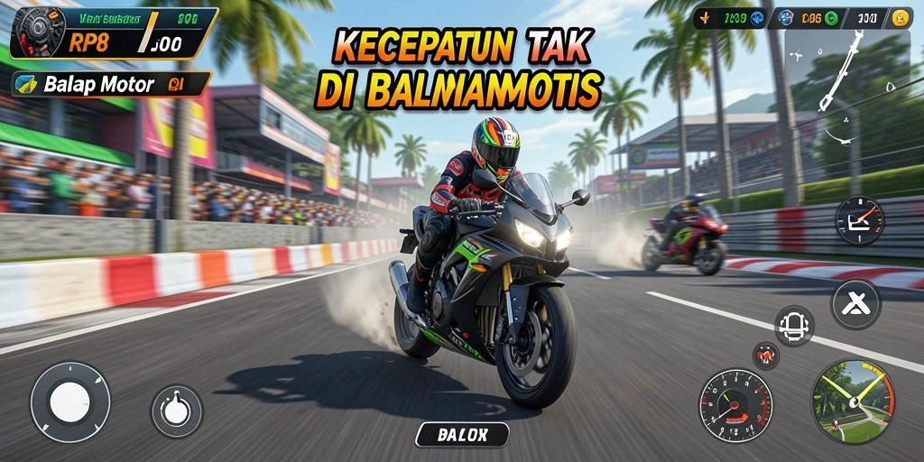 Tampilan antarmuka RP8 saat balapan motor yang menegangkan.